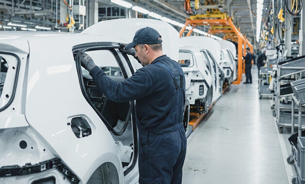 Pracovník v tmavých montérkách a čepici montuje dveřní panel na automobilové výrobní lince